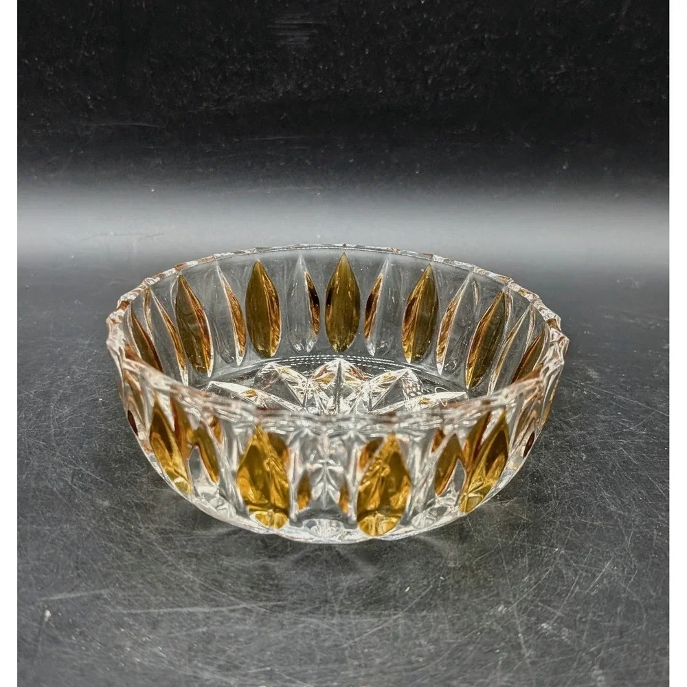 Vintage Amber Flash Cut Crystal Candy Bowl Starburst Base Scalloped Nut Dish MCM